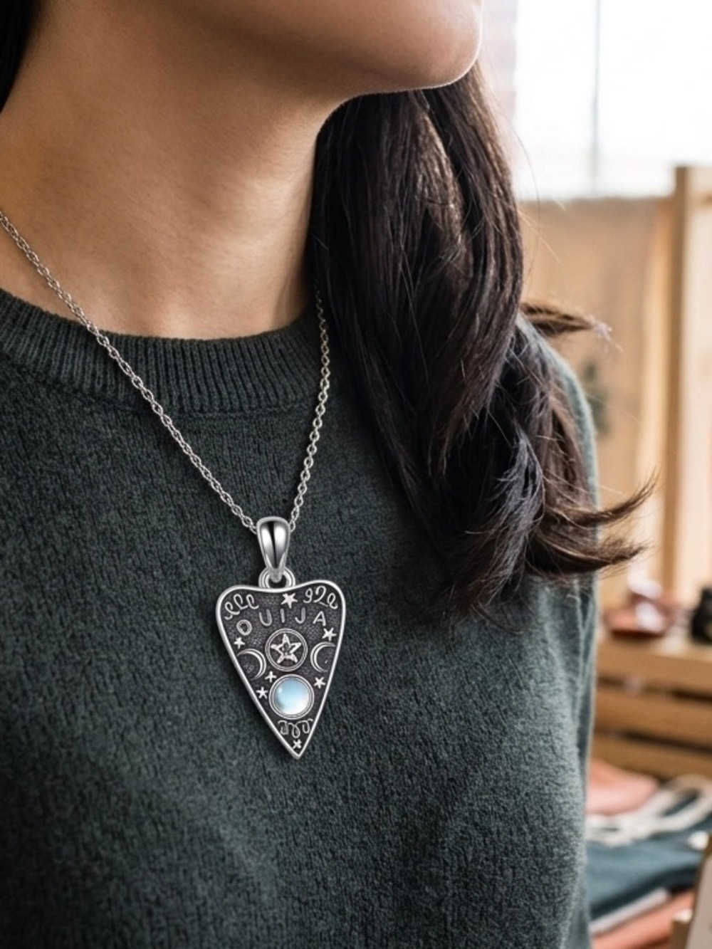 Gothic Ouija Planchette Necklace Silver Pentagram Moonstone Pendant Witchy